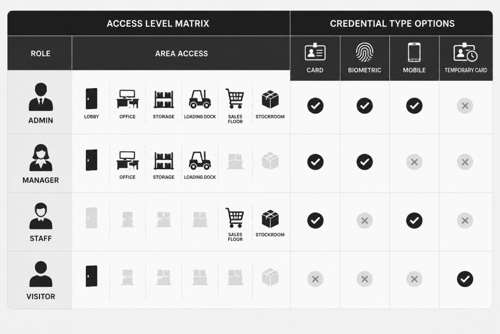 Access control systems matrix showing role-based permissions and credential types for employees and visitors.
