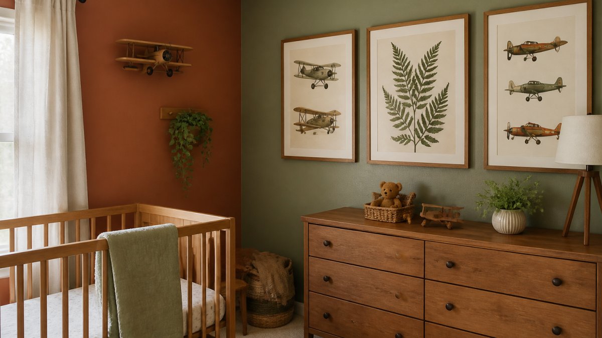 Modern nursery with terracotta walls, wooden crib, and vintage airplane and botanical nursery art trends.