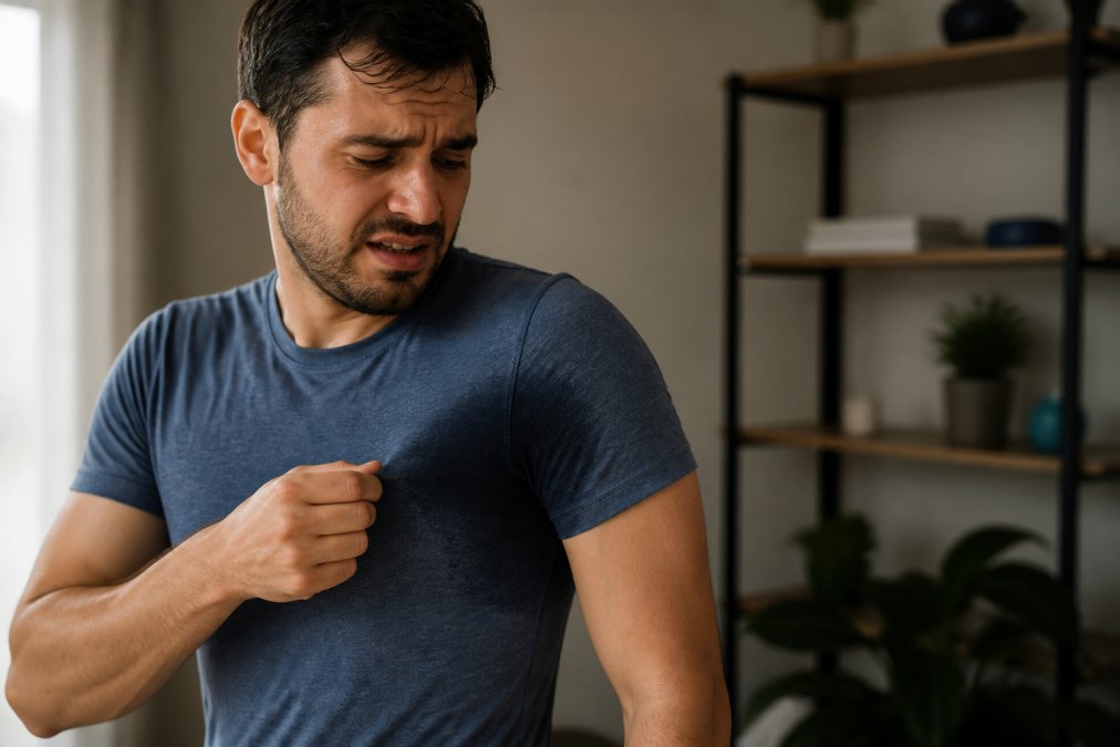 Person in an athletic top with sweat patches, struggling with ineffective moisture wicking shirts in a warm room