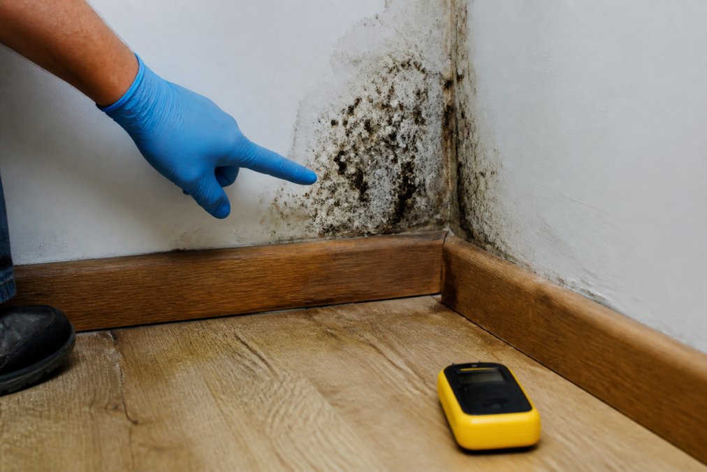 A gloved hand pointing to black mold spots spreading on a water-damaged drywall corner near the baseboard, with a moisture meter visible on the floor
