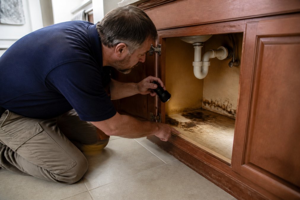 A homeowner kneeling on a bathroom floor using a flashlight to inspect under a sink cabinet, pointing at dark water stains on the cabinet floor, dim under-cabinet lighting