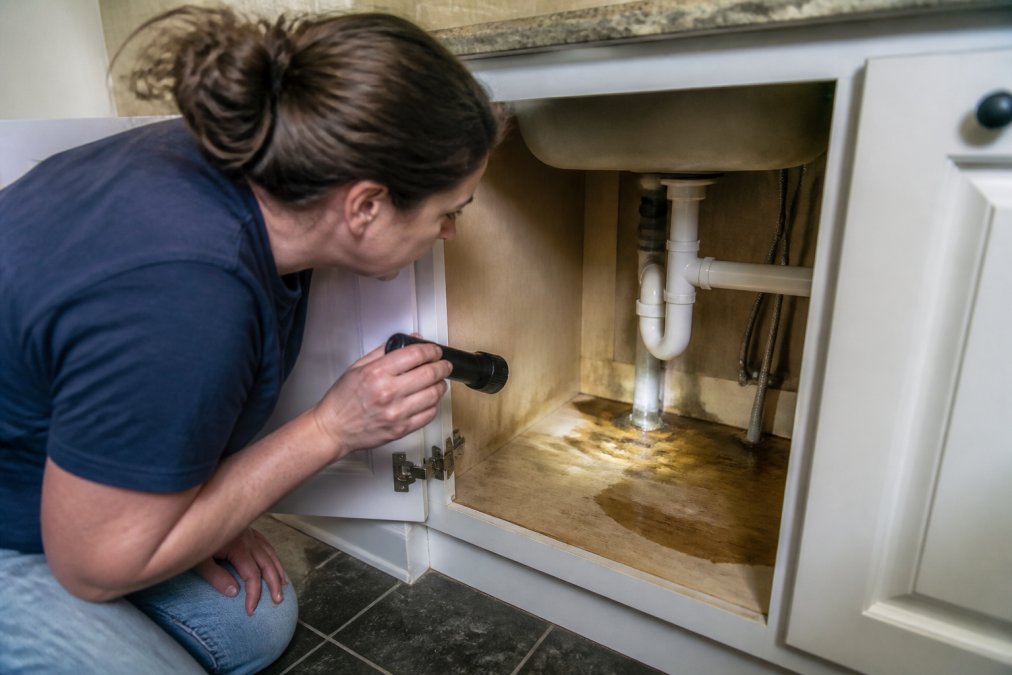 Homeowner using a flashlight to find leaks under a kitchen sink where mold returns after moisture exposure.