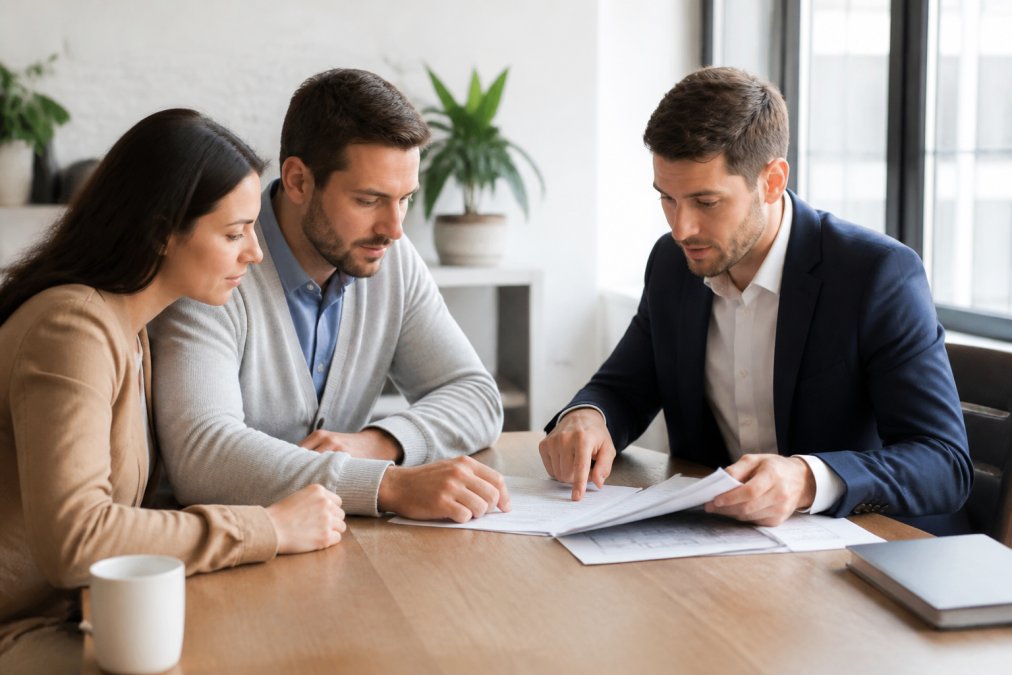 A loan officer reviewing mortgage documents with a client at a desk, pointing at a timeline on a laptop screen in a bright office