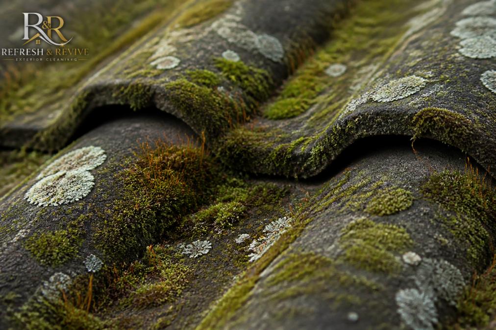 Close-up of moss and lichen growth on roof tiles showing spore-bearing structures and mottled green-grey surface texture in natural daylight