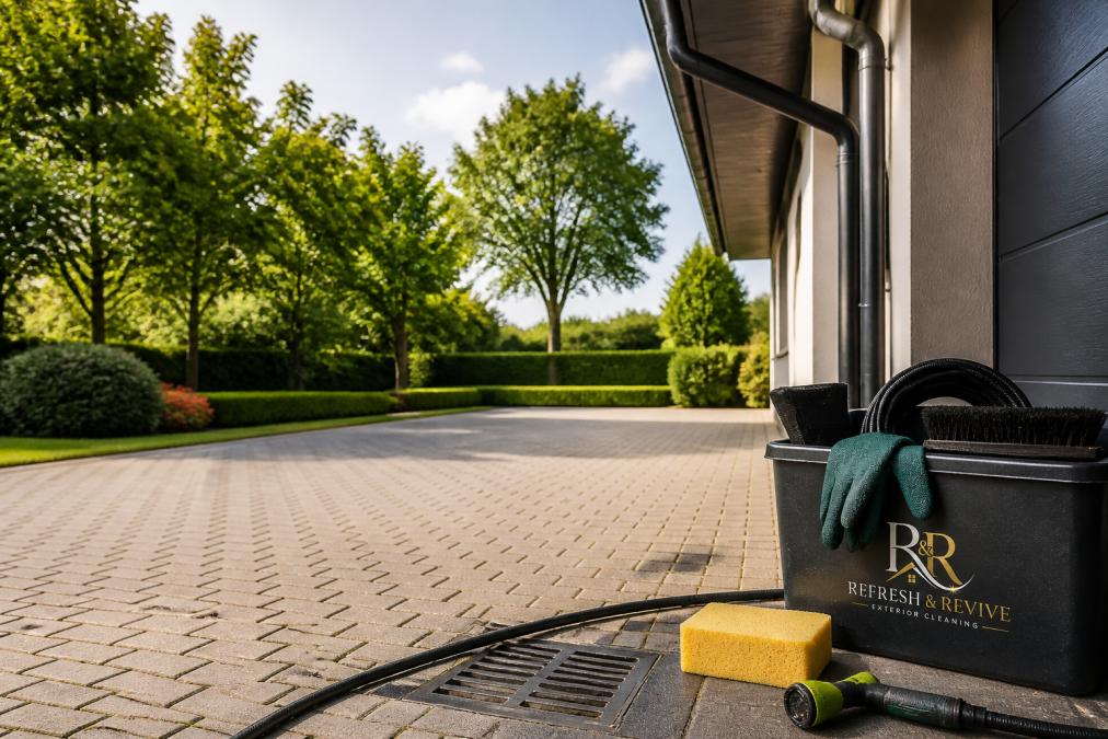 Well-maintained driveway with clear guttering visible overhead, good drainage visible, surrounded by trimmed trees allowing sunlight across the surface, with neat landscaping