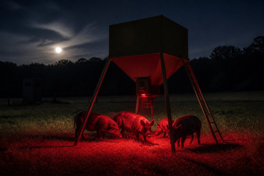 Feral hogs feeding under a soft red glow from motion activated lights in a rural pasture at night