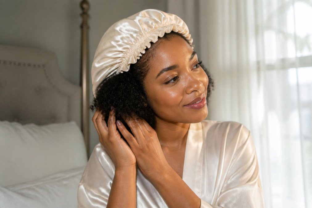 Close-up of a Black woman wearing a luxurious ivory silk bonnet, gently touching her natural hair with both hands, soft morning light filtering through sheer curtains in an elegant bedroom setting