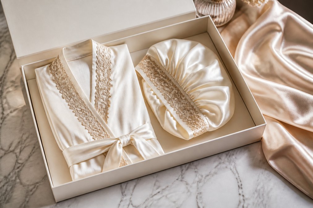Flat lay of a folded ivory mulberry silk robe and bonnet set arranged in luxury presentation packaging with antique gold embroidered details visible, photographed in soft natural light on a marble surface