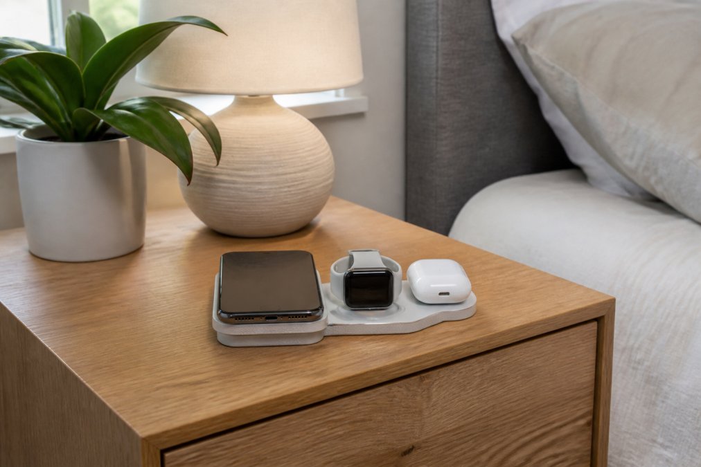 A tidy small apartment nightstand with a folded 3-in-1 wireless charger holding a phone, smartwatch, and earbuds case, no loose cables visible, soft morning light from a nearby window