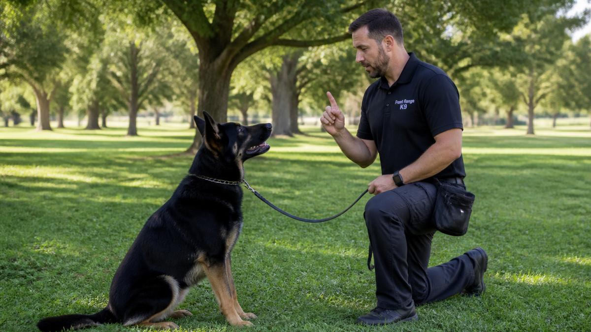 Dog owner practicing commands with their dog in an outdoor park setting with trees and grass visible, showing the difference between indoor and outdoor training environments