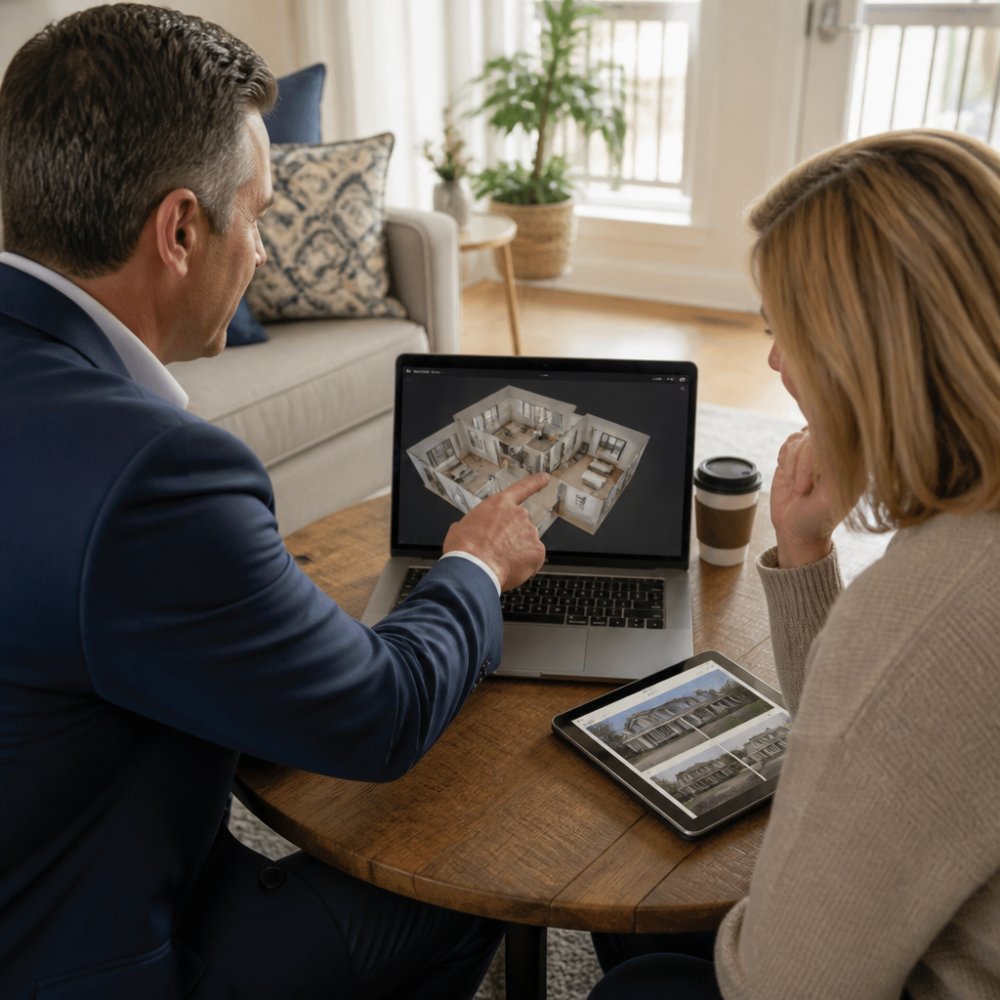 A real estate agent and homeowner reviewing a laptop showing a 3D virtual tour of a house in a bright living room, with a tablet displaying listing photos nearby
