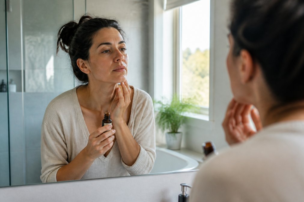 A woman in her mid-30s standing in a bright bathroom, looking into a mirror while holding a skincare bottle, soft natural morning light through the window, thoughtful expression