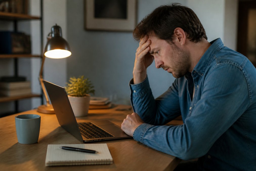 A small business owner sitting at a desk, looking frustrated at a laptop screen displaying a website analytics dashboard with low numbers, warm desk lamp lighting in a home office setting