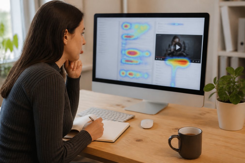 A marketing professional reviewing heatmap and session recording data on a large monitor in a modern office, notepad open beside them, natural daylight from a window to the left