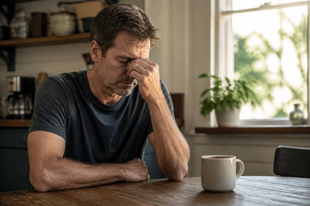 A man in his fifties sitting at a kitchen table in the morning, looking tired and rubbing his eyes, with a cup of coffee beside him and soft natural light coming through the window