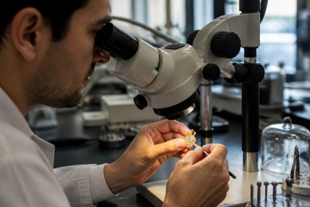 Professional jeweler examining a nano-engraved pendant under magnification equipment in a specialized production facility with controlled lighting