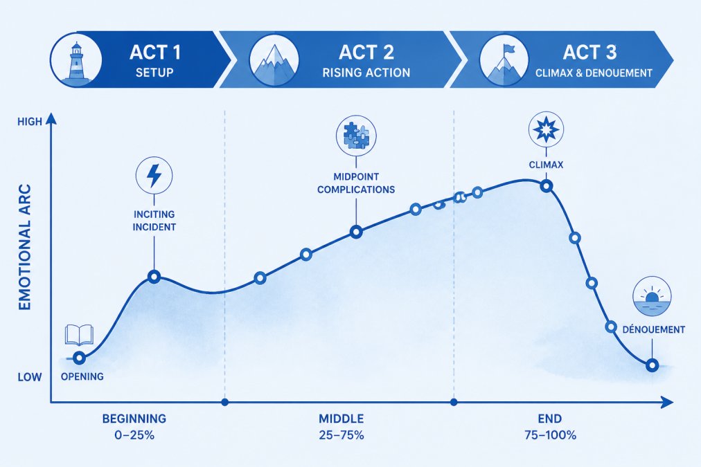 Watercolor diagram of the three-act structure: Act 1 Setup with inciting incident, Act 2 Rising Action with midpoint complications, Act 3 Climax and Denouement, plotted against an emotional arc line