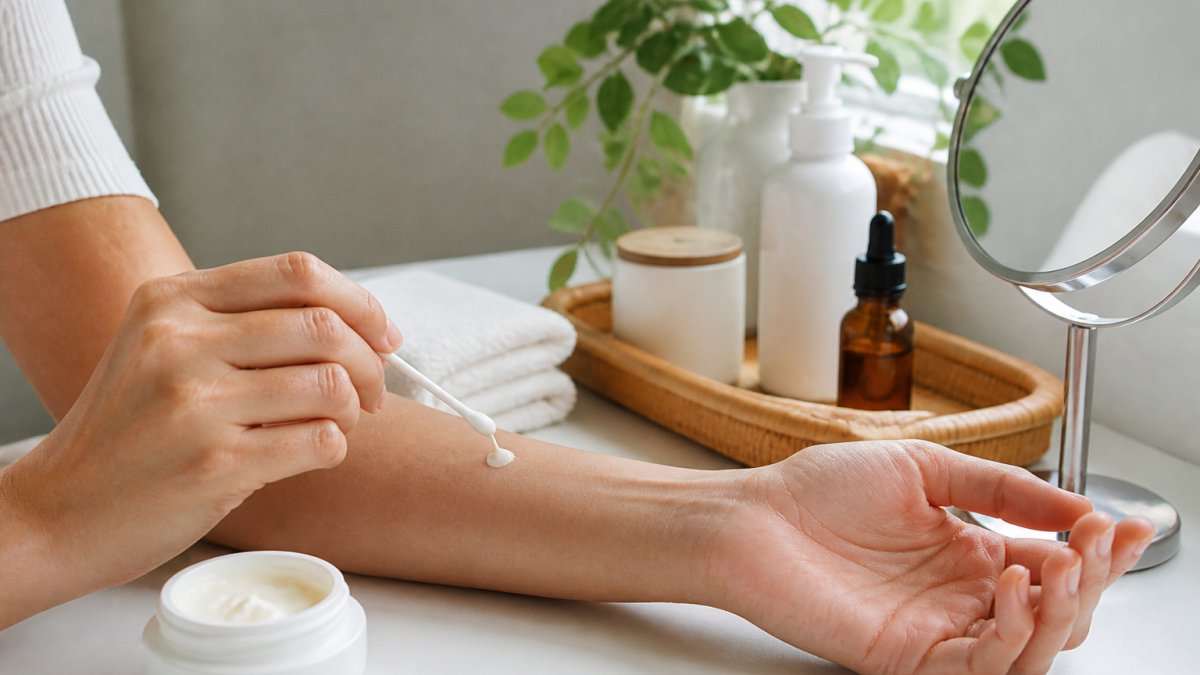 Person applying a small dot of cream to their inner forearm with a cotton swab to test for skin sensitivity.