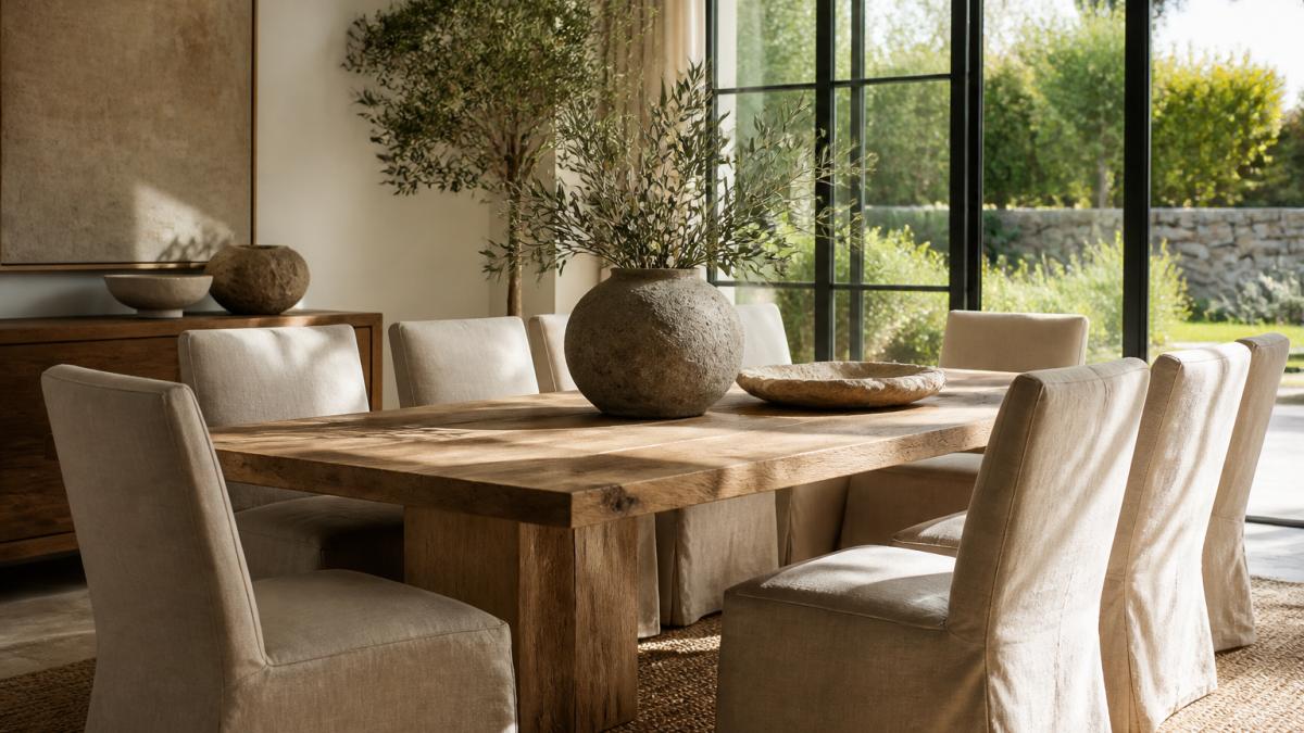 Diagram outlining the visual balance between natural stone and timber textures in a luxury dining space