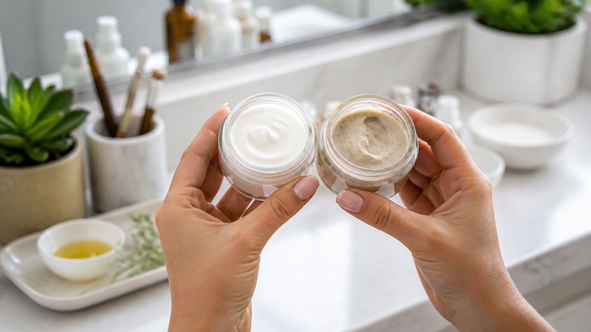A close-up of a woman's hands holding two small glass jars of natural skincare cream side by side, one fresh and white, the other discolored and separated, on a clean bathroom counter with soft natural light