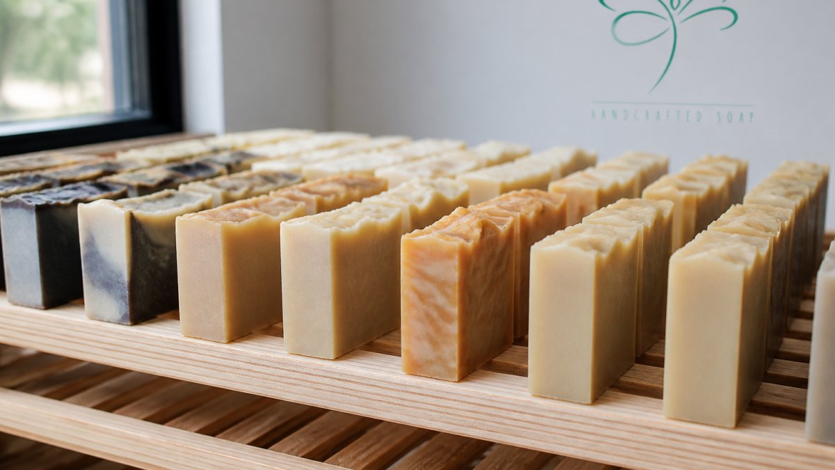 Close-up of handcrafted soap bars arranged on a wooden drying rack with proper spacing, showing airflow between bars and a clean, organized curing setup