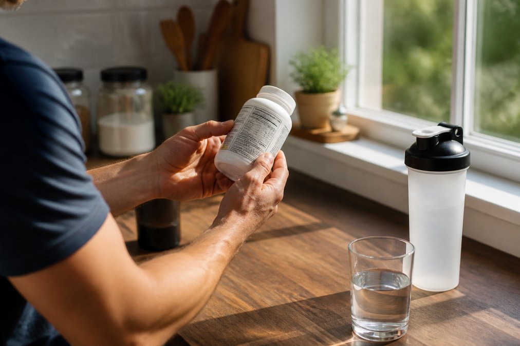 Close-up of a person's hands holding a supplement bottle in a bright kitchen, tilting the label toward a window to read the ingredient panel, natural light across a wooden counter