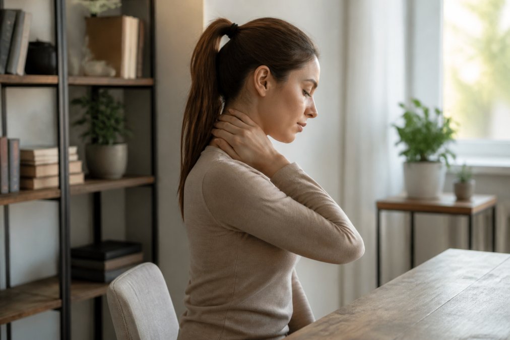 Woman performing a gentle chin tuck exercise at her desk to relieve why neck pain causes headaches symptoms.