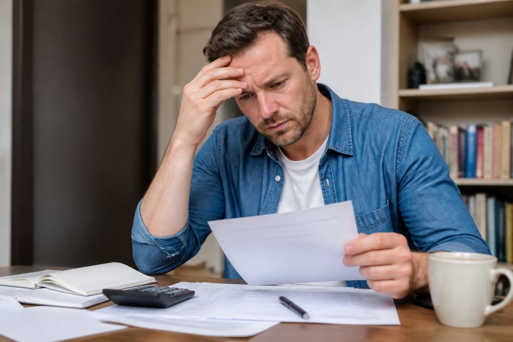 Property investor reviewing mortgage documents and cash flow statements with concern