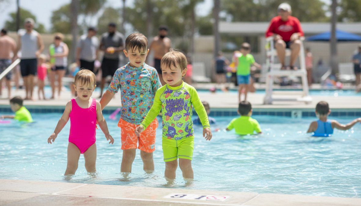 Children wearing bright neon yellow, orange, pink, and green swimsuits in a swimming pool, photographed from above to show visibility contrast against the water