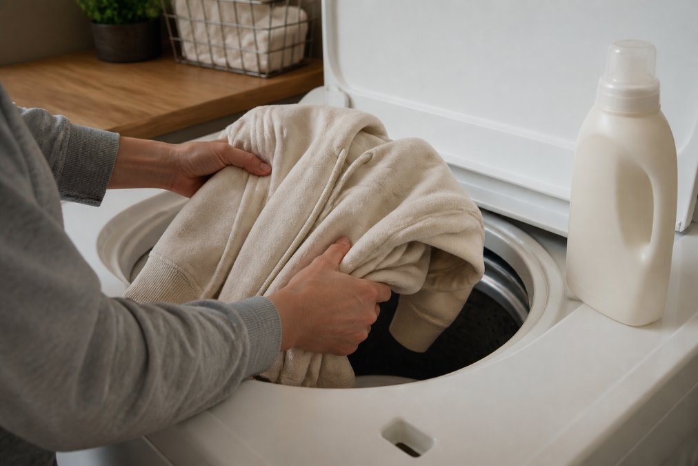 Hands placing a soft, well-worn cotton hoodie into a washing machine, with a fabric softener bottle visible on the edge of the machine