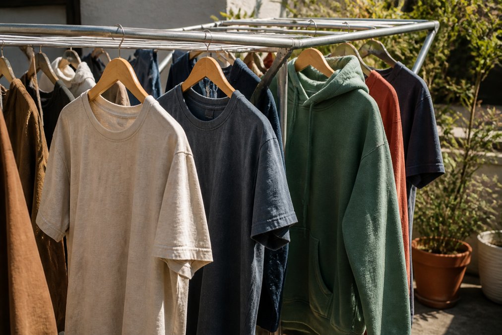 Vintage-inspired cotton tees and hoodies hanging on a drying rack in natural sunlight, showing relaxed, lived-in fabric texture