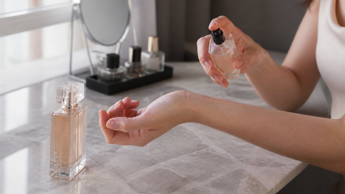 Close-up of a person applying perfume to their wrist pulse point, glass bottle resting on a marble vanity, soft natural window light
