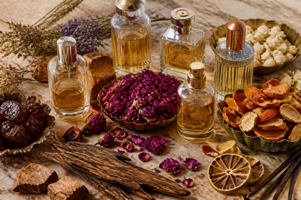 Close-up of elegant glass perfume bottles surrounded by raw botanical ingredients including dried rose petals, oud resin chips, and fresh citrus peels arranged on a warm-toned marble surface with soft natural side lighting