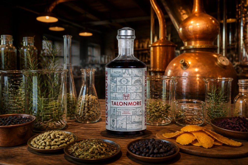 Close-up of glass beakers and copper distillery equipment with fresh botanicals, juniper, cardamom, citrus peel, arranged on wooden surfaces in a craft distillery workshop with warm overhead lighting