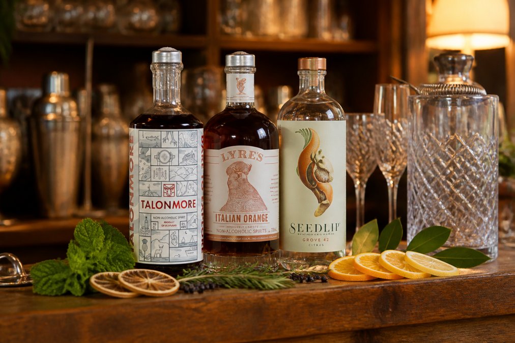 Three premium non-alcoholic spirit bottles displayed on a wooden bar shelf with fresh botanicals, mint, citrus wheels, juniper sprigs, and artfully arranged glassware catching warm evening light