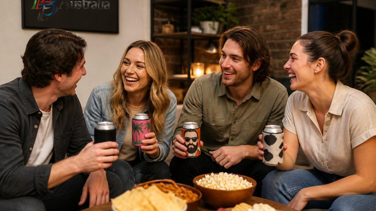 A group of friends laughing together at a casual home gathering, holding drinks with novelty stubby holders visible, showing the social and entertaining aspect of these gifts