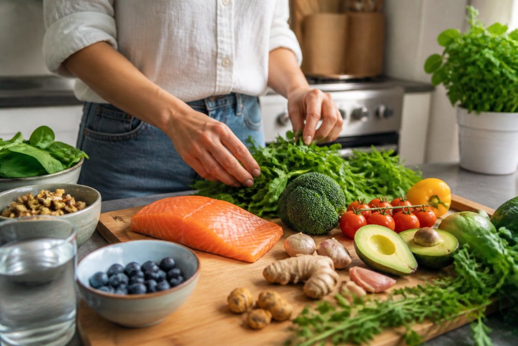 A person in a bright kitchen arranging colorful anti-inflammatory foods on a wooden cutting board, including salmon, leafy greens, berries, and walnuts, with a glass of water nearby