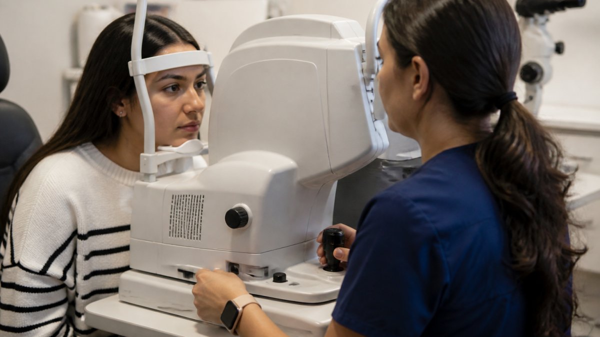 Patient positioned at OCT imaging equipment with eye aligned for scan, technician assisting in modern clinical eye care setting with soft overhead lighting