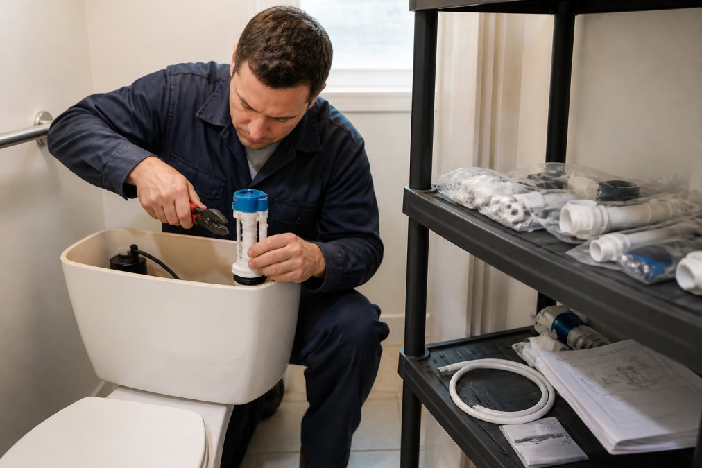 Maintenance technician in professional attire installing a precision fill valve into a toilet tank using calibrated tools, with organized OEM parts and technical documentation visible on a nearby shelf in a bright maintenance workspace