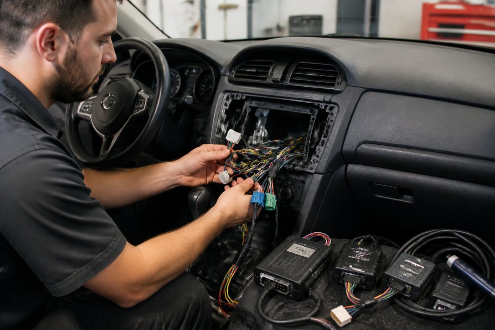 Professional technician examining vehicle dashboard wiring harness connections behind infotainment display with diagnostic tools in modern automotive service center