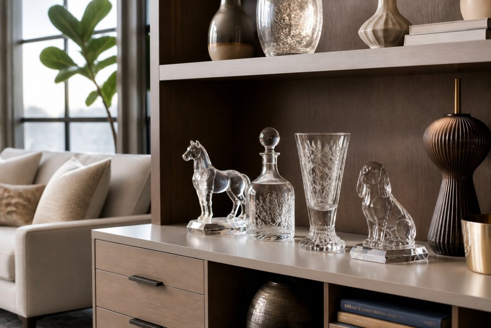 Modern living room shelf displaying handcrafted crystal figurines and etched glass pieces alongside contemporary décor, showing how artisanal accents integrate with minimalist home styling