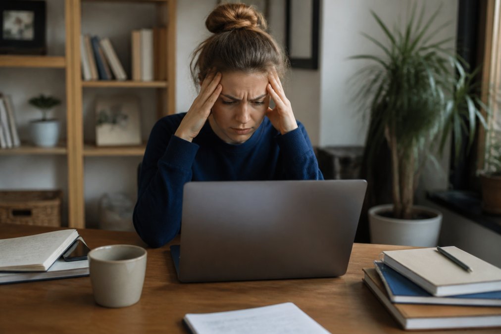 A person sitting at a home desk with a laptop, surrounded by notebooks and a coffee mug, looking frustrated while scrolling through multiple online course tabs