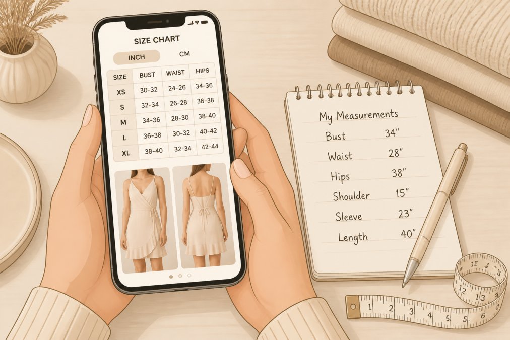 Close-up of hands holding smartphone displaying clothing size chart and product photos side-by-side, with notepad showing handwritten body measurements nearby on wooden surface