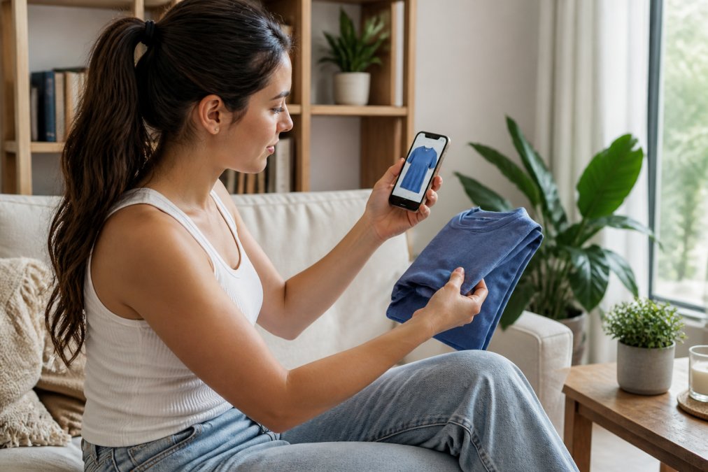 A woman in a bright living room holding a folded blue t-shirt up to her phone screen, comparing the fabric color to a product photo showing the same shirt under bright lighting