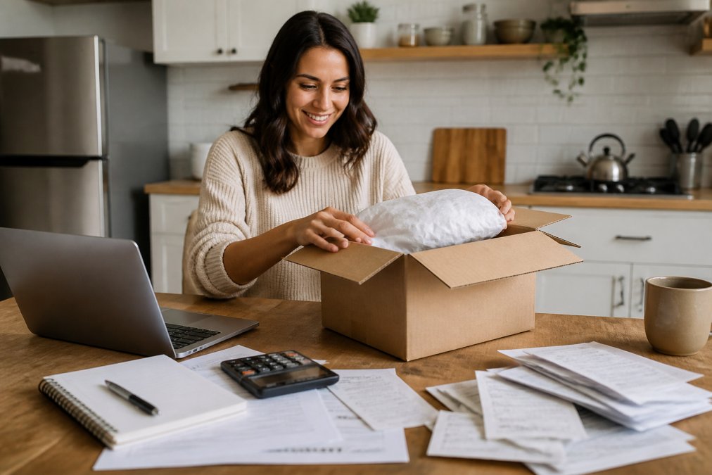 A shopper in a bright, modern kitchen unboxing a delivery from a discount website, with a laptop showing a confirmation screen nearby
