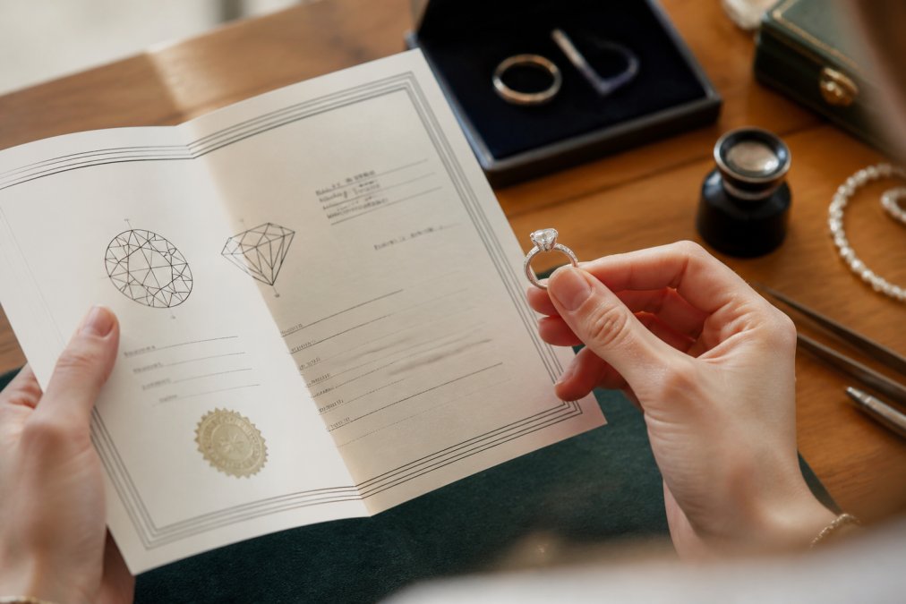 Close-up of hands holding a gemstone certification document next to a diamond ring, with natural light highlighting the stone's sparkle and clarity