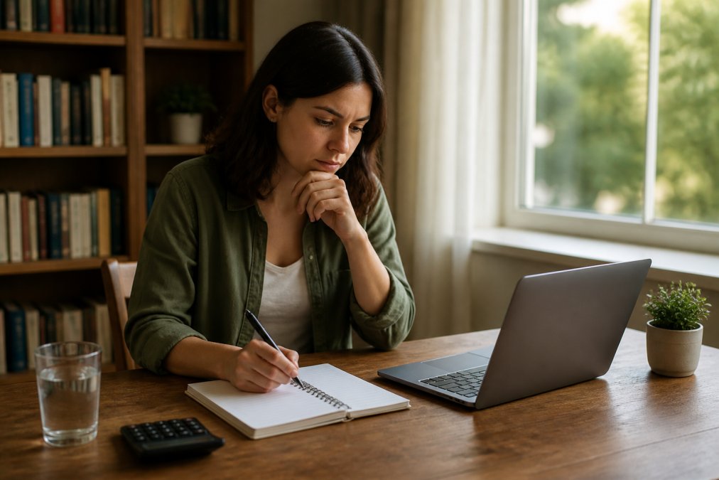 Person at a wooden desk with a laptop and notepad, carefully reviewing an online shopping cart with a focused expression, natural daylight streaming through a window