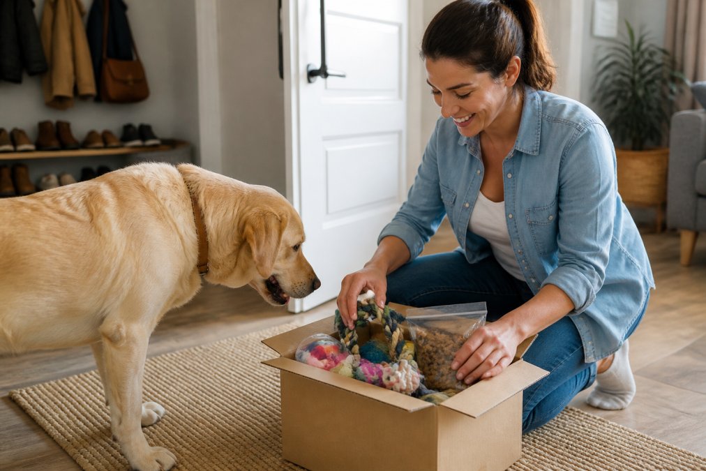 Pet owner at home smiling while receiving a delivery box of pet supplies, their curious dog approaching the package with excitement