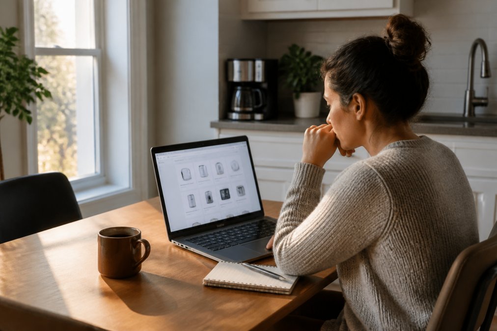 A person shopping on a laptop at a kitchen table, comparing prices on a retail website with a notepad and coffee nearby, warm afternoon light through a window