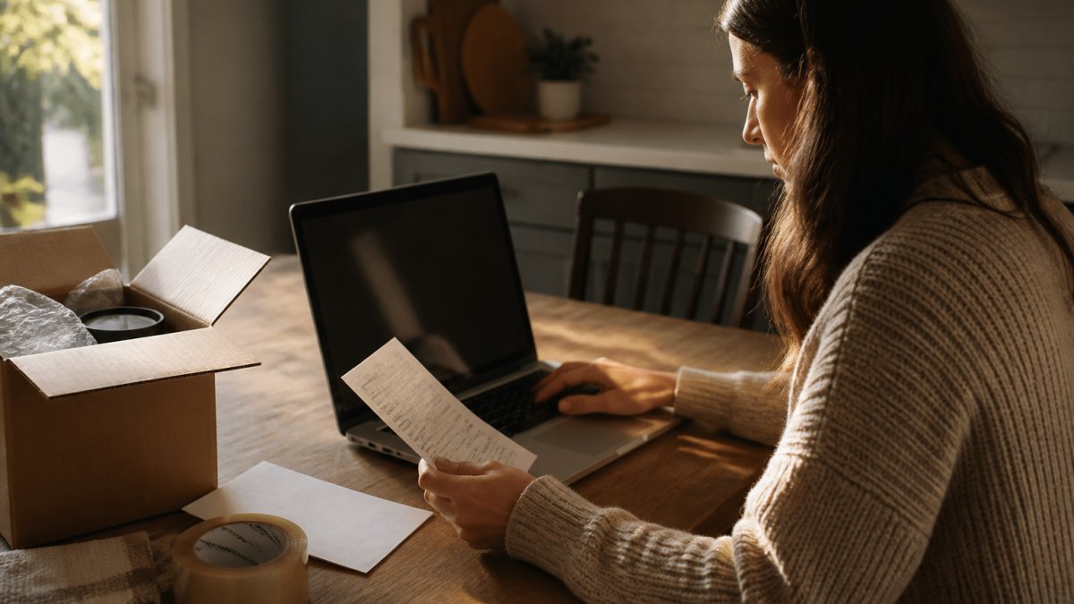 A person sitting at a kitchen table reading a store's return policy on a laptop, with an open cardboard package, packing tape, and a printed receipt nearby in soft afternoon light